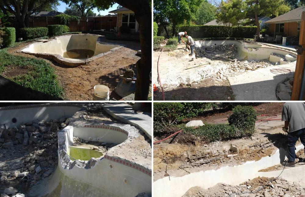 Draining the pool and drilling holes in the pool shell as part of pool demolition