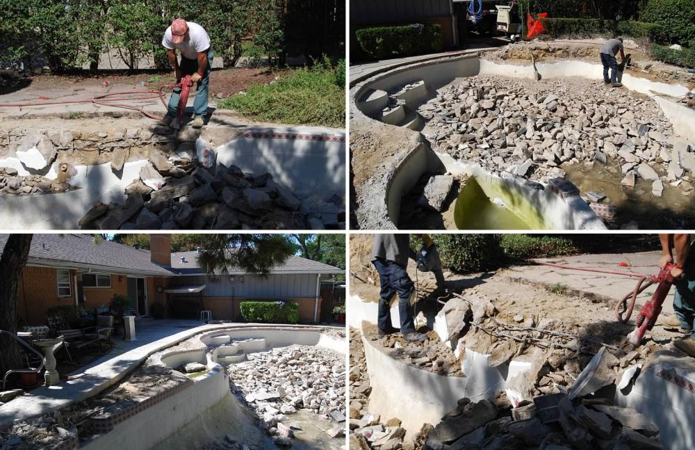 Demolition team deconstructing pool shell