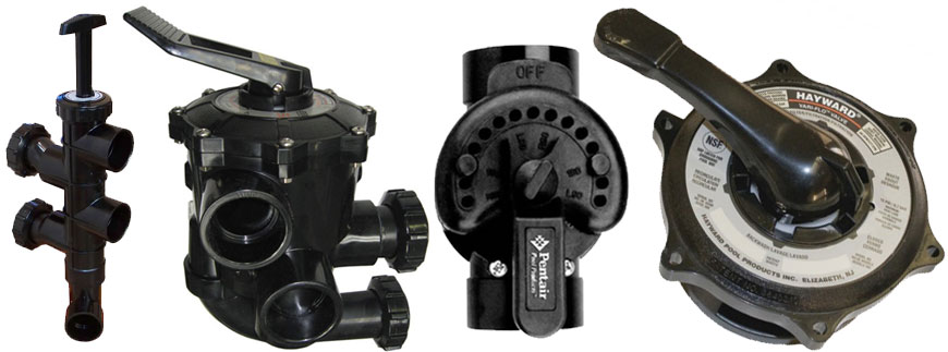 various types of swimming pool valves manufactured by Pentair, Jandy, and Hayward