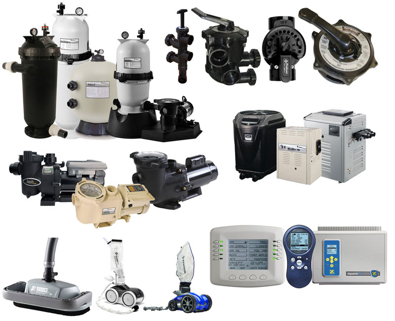 Various types of swimming pool equipment, parts, and machinery manufactured by Pentair, Hayward and Jandy